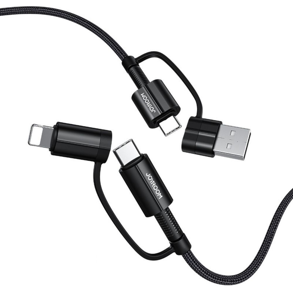 Joyroom 4-in-1 Multi-Function Charging and Data Cable for iPhone 15/ 16, Android, 8-Pin, Type C, USB A, 1.8m, Black